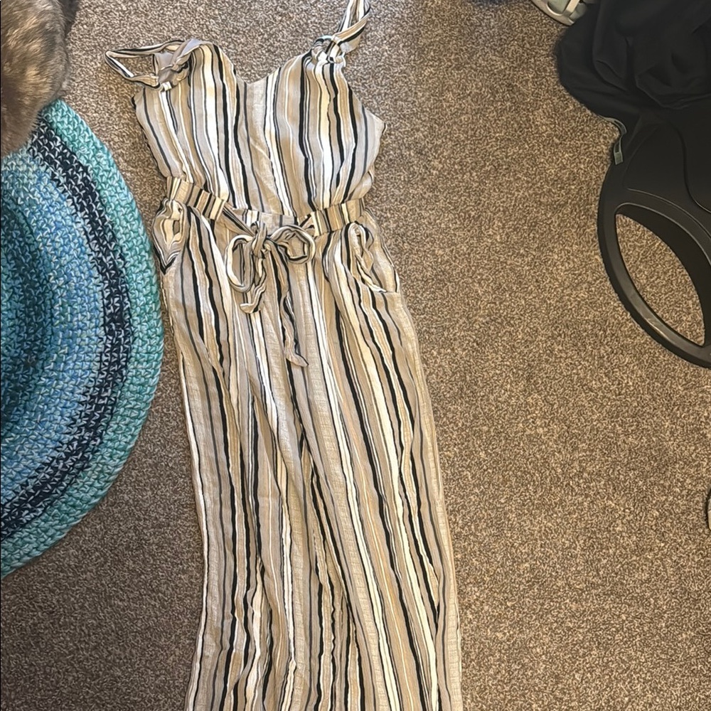 Derek Heart Striped Jumpsuit - Black, White, Tan